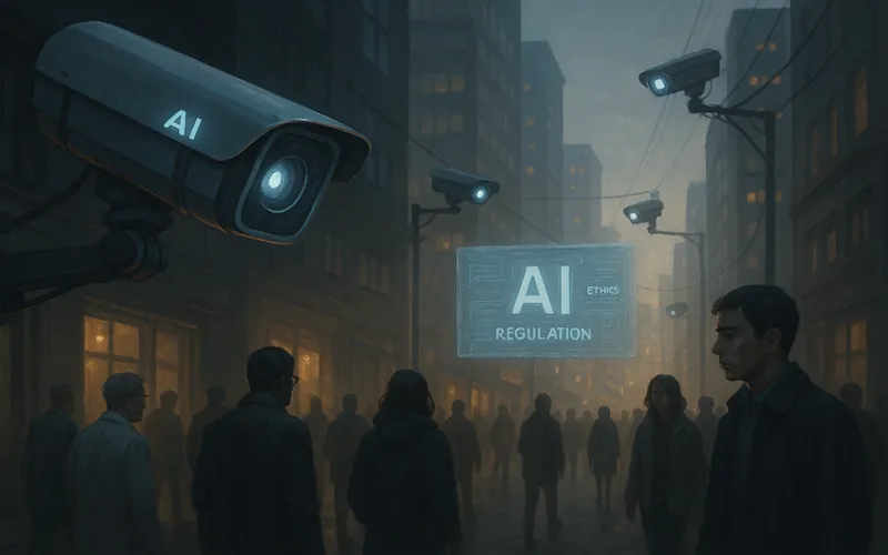 AI 감시 기술로 인한 감시 사회와 프라이버시 침해를 표현한 미래 도시 장면